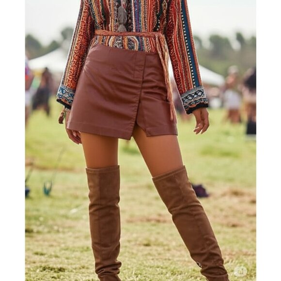 Hugo Buscati100% Leather Antique 70s Style Brown A-Line Wrap Mini Skirt Size 6 - Picture 11 of 16